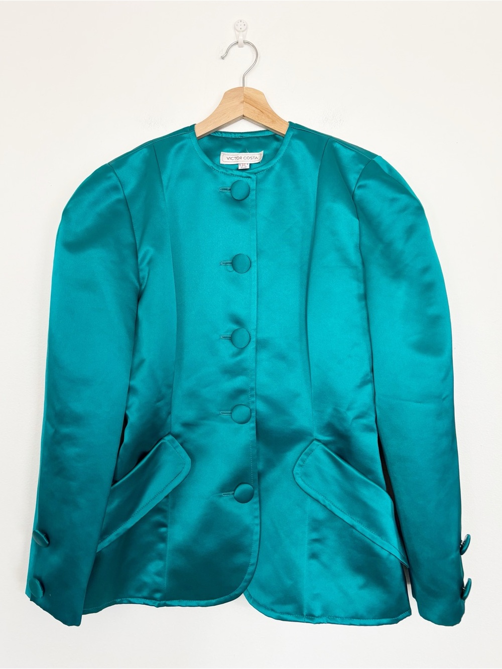 Victor Costa || Vintage Satin Blazer 1980s Jacket Teal Green 10